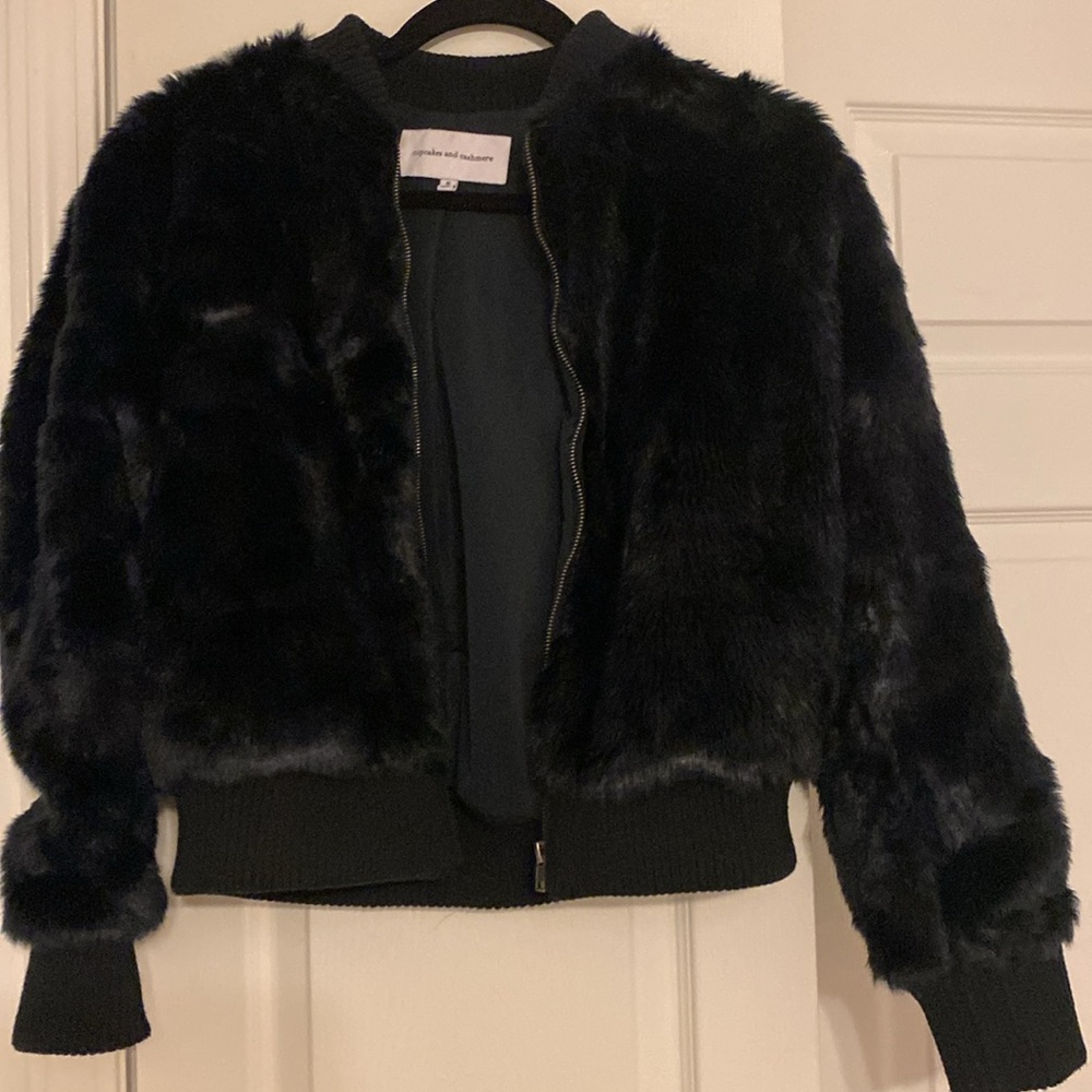 Cupcakes and cashmere Blue Furry Front Zip Jacket